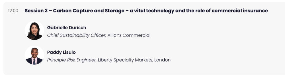 Extract from MEECON 2025 agenda showing Gabrielle Durisch speaking on carbon capture and storage and the importance of commercial insurance.