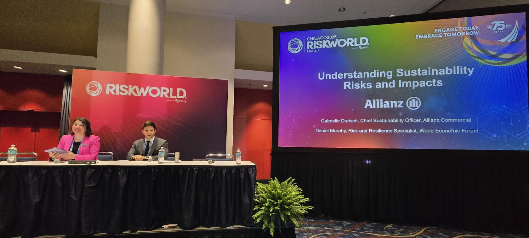 Gabrielle Durisch speaking at RIMS riskworld in Chicago 2025 on understanding sustainability risks and their impacts on businesses.